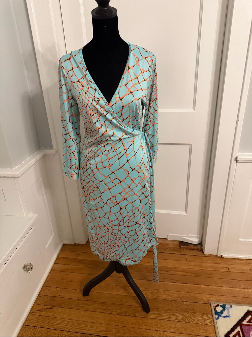 JB by Julie Brown Aqua Wrap Dress with Coral Tile Print